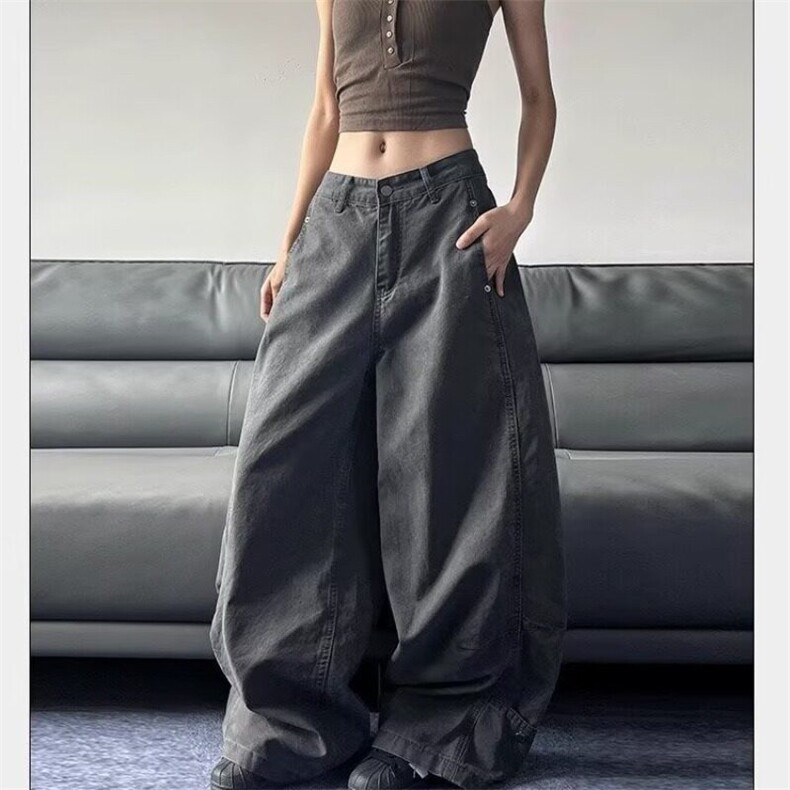 美式复古高级感灰色弯刀工装裤男女宽松阔腿休闲廓形镰刀拖地裤潮,男装牛仔裤,星座506A