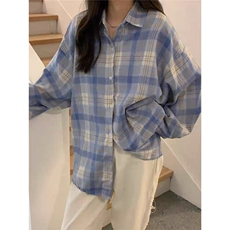 高级复古蓝色格子衬衫外套女叠穿vintage松弛感休闲衬衣外搭开衫，男装衬衫，星座1210-1