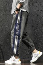 2021秋季日系新条纹拼接瓷砖风大码男刺绣九分裤休闲裤K2006-P45，男装休闲裤，电商A001