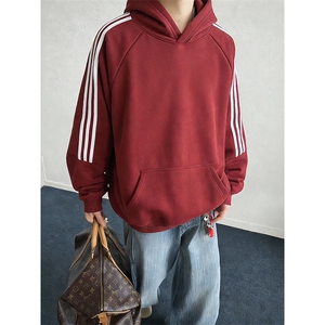 高品质春装新款男女美式高街结构三条杠宽松纯色织带连帽卫衣CM04图片
