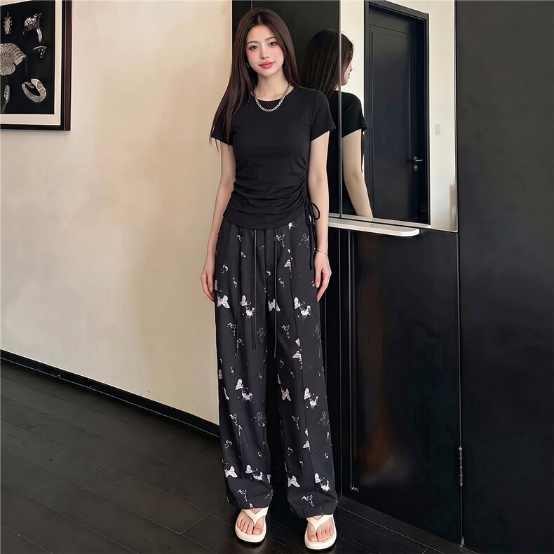 韩版休闲运动套装女夏季新款修身显瘦圆领短袖上衣印花长裤两件套,女装套装/套裙,江南