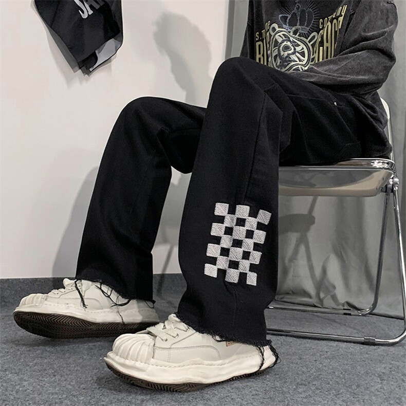 高街美式棋盘格刺绣牛仔裤男宽松阔腿设计感裤子N01352-P48,男装牛仔裤,星座308B-1
