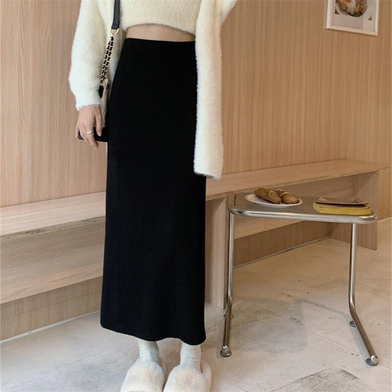 灰色针织半身裙女秋冬款小个子中长款羊毛半裙气质包臀直筒裙,女装半身裙,春韵羊绒