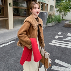 2024年冬季新款大翻领羊羔毛宽松短款三角扣皮毛一体外套，女装羊羔毛/颗粒绒，流量+