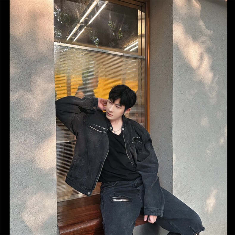小众美式复古做旧水洗短款牛仔外套男秋设计感垫肩夹克JK112-P90图片