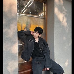 小众美式复古做旧水洗短款牛仔外套男秋设计感垫肩夹克JK112-P90图片