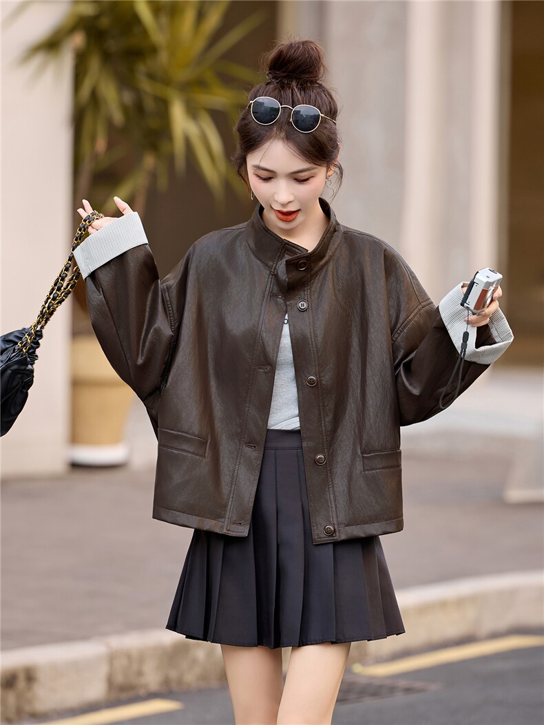 复古立领宽松皮衣外套女2025秋冬季新款休闲百搭显瘦pu皮夹克上衣,女装皮衣,牡丹诺
