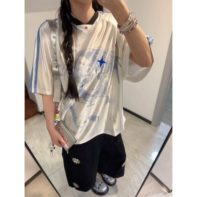 美式复古卡通少女球衣短袖T恤夏季宽松拼接休闲辣妹上衣TXB116,男装T恤,星座208-5