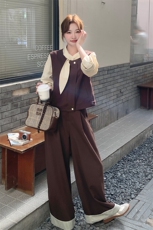 气质咖色马甲衬衫阔腿裤套装女春秋贵气感御姐穿搭俏皮活泼三件套，女装套装/套裙，2C317A