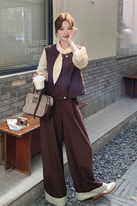 气质咖色马甲衬衫阔腿裤套装女春秋贵气感御姐穿搭俏皮活泼三件套图片
