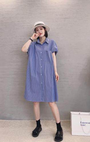 XL9915欧货韩版2021夏装新款翻领泡泡袖抽绳条纹连衣裙，女装连衣裙，L·H·X