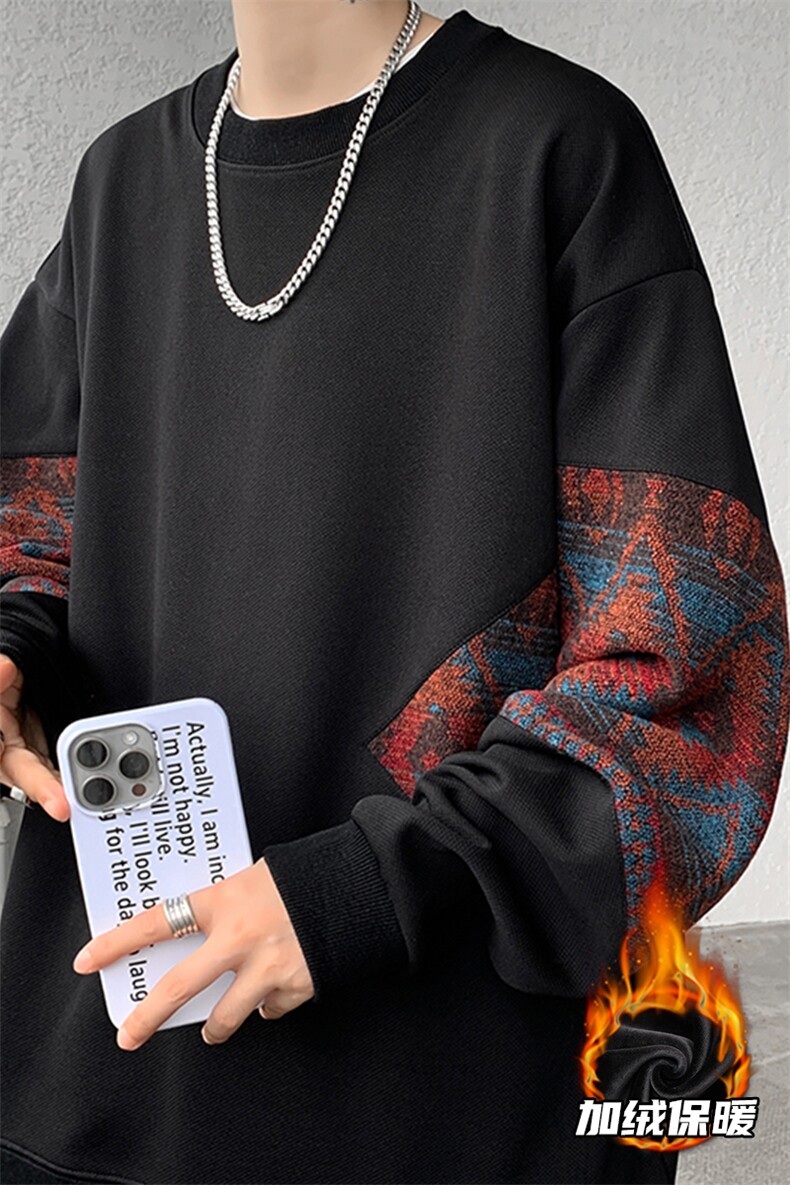 8XL-M民族风加绒加厚卫衣男款冬季拼接套头衫特大码外套WY005P58,男装卫衣,电商B312