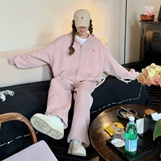韩系穿搭粉色运动连帽卫衣套装女春秋超火好看高级感休闲裤两件套，女装套装/套裙，2C037