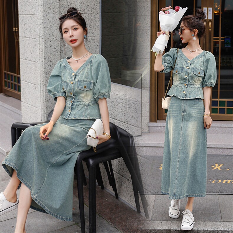 2023年夏季新款女装时尚休闲减龄上衣加半裙牛仔套装,女装套装/套裙,韩蜜菓