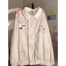 猫咪刺绣棒球服撞色上衣百搭春秋季学院风男女情侣拼接宽松潮外套，女装短外套，星座506A