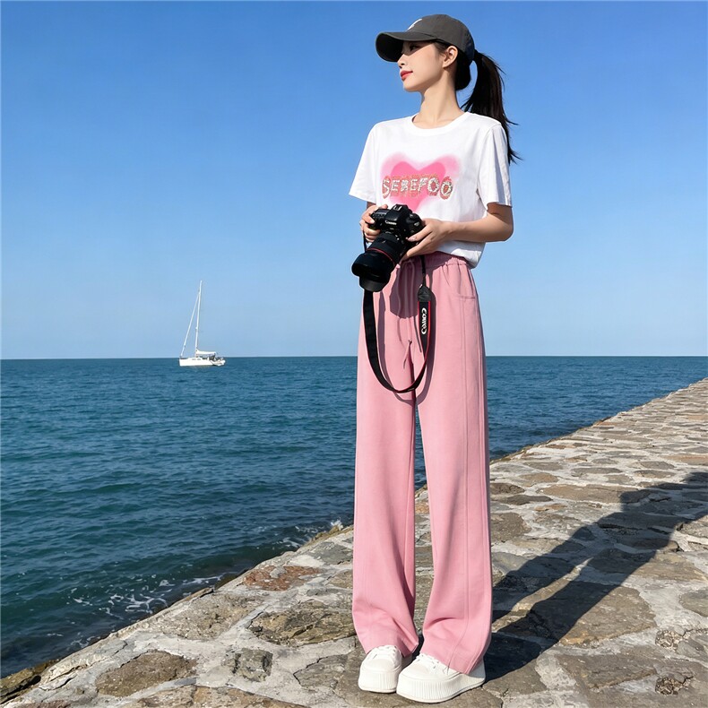 女夏新款韩版运动休闲套装圆领爱心印花镶钻T恤粉色阔腿裤两件套,女装套装/套裙,江南