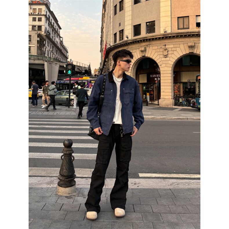 藏蓝色美式复古短款外套男春秋款潮牌痞帅cleanfit底特律工装夹克图片