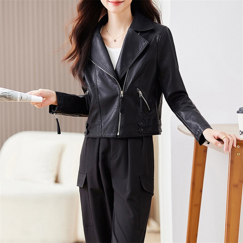 2023年春秋新款外套机车小皮衣女外套时尚收腰短款拉链pu皮夹克,女装皮衣,江南女神