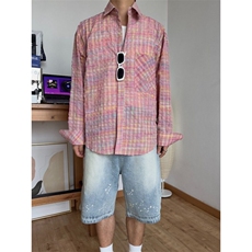 街头宽松廓形粉色格子衬衫男休闲衬衣情侣长袖外套潮GA155-P42，男装衬衫，星座208-5