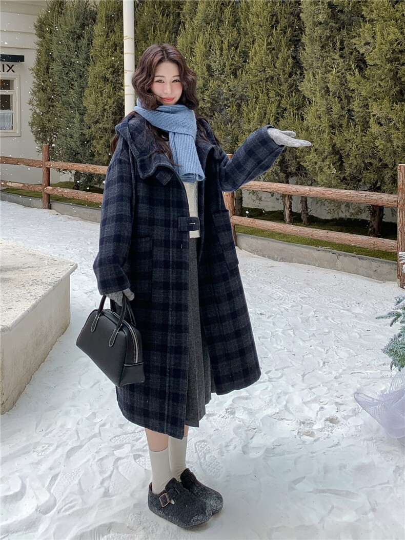 牛角扣格纹连帽双面呢大衣女2025冬新款复古学院风小个子毛呢外套,女装毛呢外套,慧尚2-185