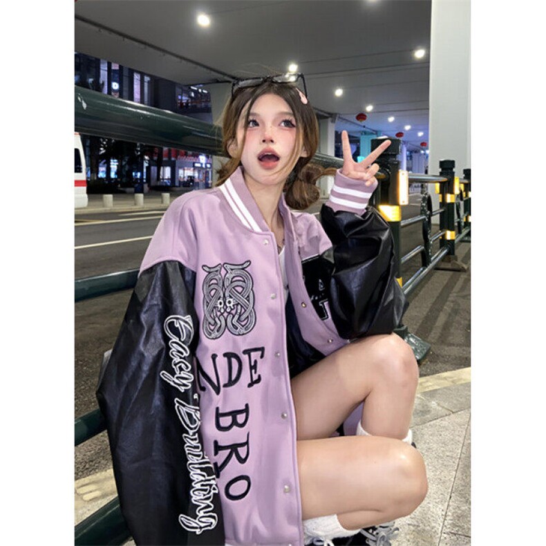 美式pu皮棒球服男潮牌宽松春秋款oversize高街夹克情侣roora外套图片