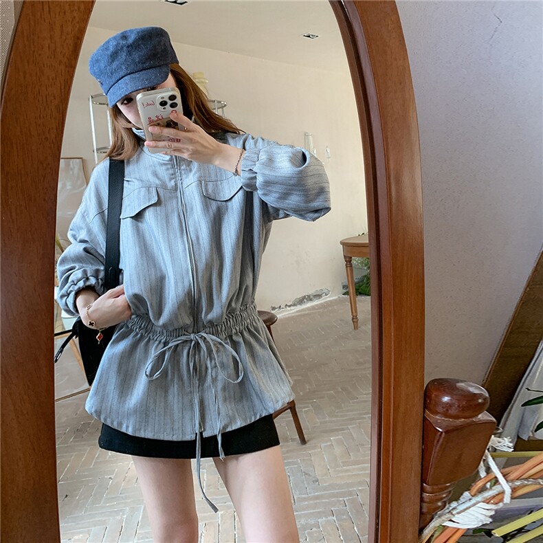休闲收腰条纹立领外套女春秋2025新款小个子百褶上衣流行爆款漂亮,女装短外套,1C071-1