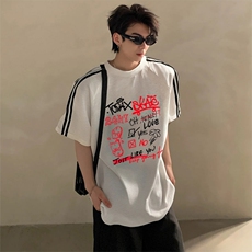 抖音得物高品质二开240克宽松纯棉美式潮牌三条杠织带短袖T恤，男装T恤，电商A486-1