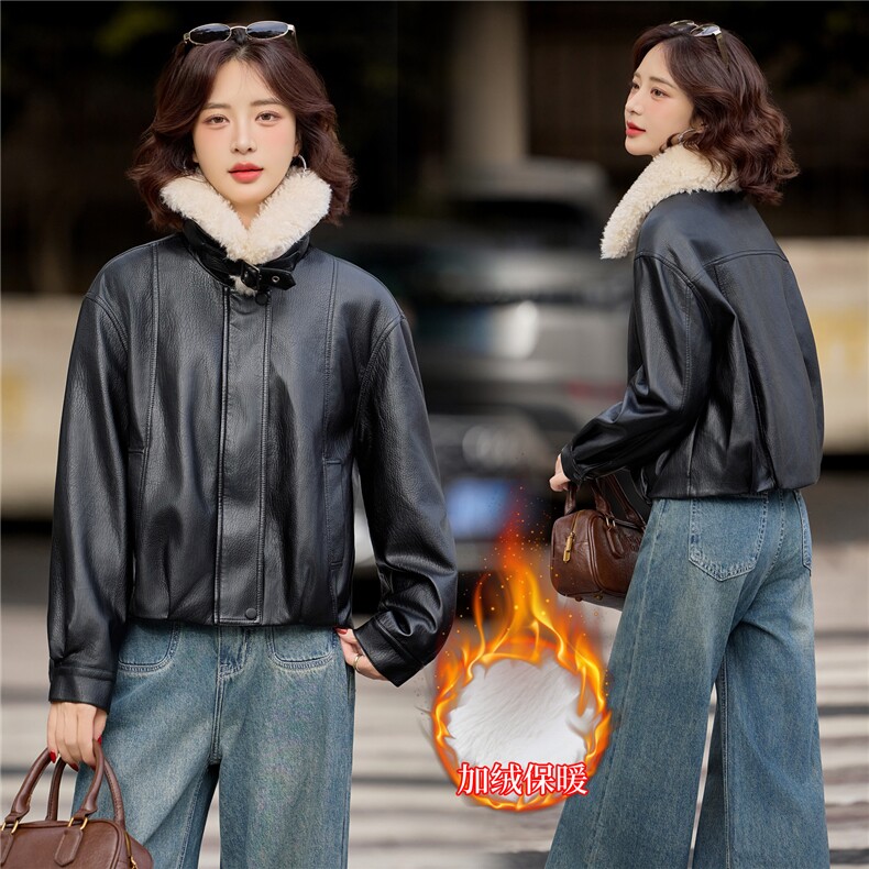 【冬季新款】大量现货时尚百搭可脱卸毛领加绒加厚皮棉外套,女装皮衣,魅衣本色