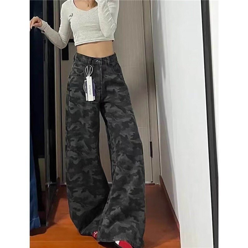 美式高街工装阔腿迷彩牛仔裤男女新款高腰直筒拖地裤子L83533-P47,男装牛仔裤,星座1008