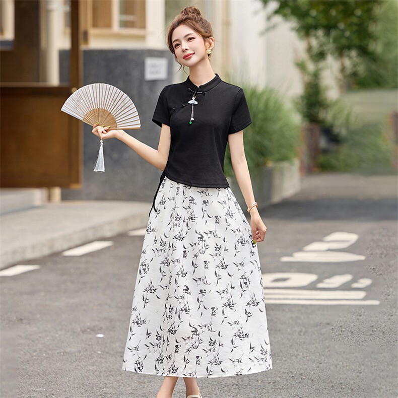 2025夏季新款新中式国风洋气上衣遮肉a字裙半身裙两件套裙LH5123,女装套装/套裙,布芭啦