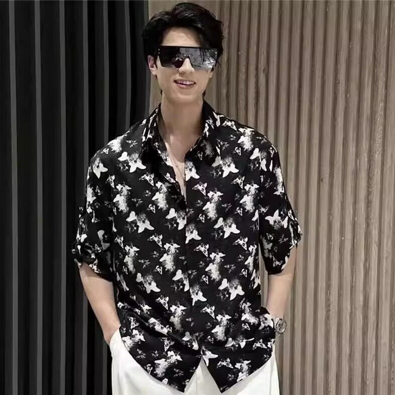 痞帅男装夏季套装时尚潮流穿搭高级感新款蝴蝶印花衬衫男冰丝一套,男装衬衫,电商B212（原钱塘6029）
