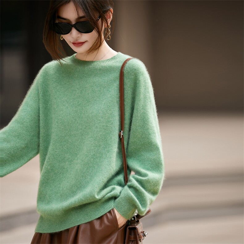 韩系无缝一线拉绒羊毛衫女宽松慵懒毛衣25秋冬圆领保暖打底衫上衣,女装羊毛衫,九嘉羊绒
