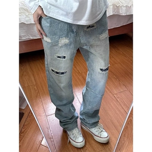 美式风潮流宽松牛仔裤高街破洞补丁牛仔长裤猫须做旧男裤XK7115图片