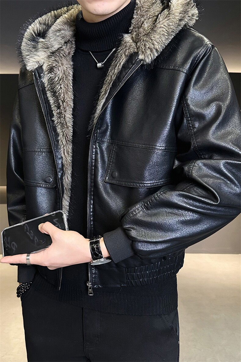 座山雕加绒加厚皮衣连帽外套男士皮毛一体PU皮棉衣B328-6651-P215,男装皮衣,电商B328