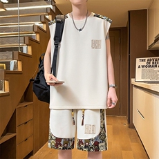夏季背心短裤两件套拼接套装男刺绣休闲运动套装A266-TZ2208-P46，男装牛仔裤，电商A266