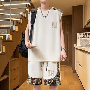 夏季背心短裤两件套拼接套装男刺绣休闲运动套装A266-TZ2208-P46图片