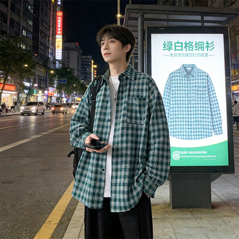 宽松格子衬衫男长袖衬衣A143-P45,男装衬衫,电商D312