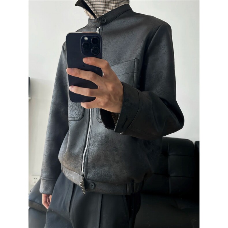 网图 现货 霜降裂纹PU皮千鸟格内里Cleanfit夹克外套 W1397/特P85图片