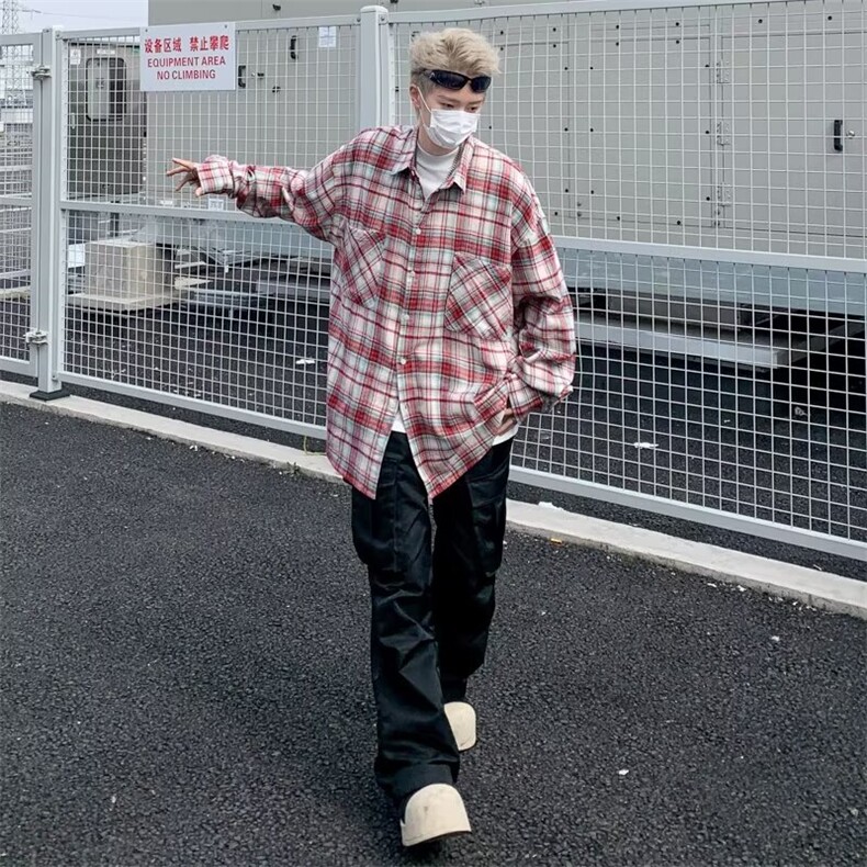 美式街头复古格子长袖衬衫男潮牌嘻哈刺绣宽松休闲百搭衬衣,男装衬衫,星座716-3