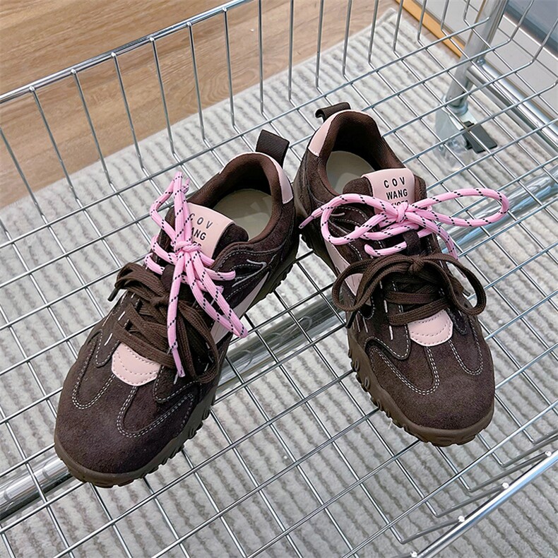 真皮厚底德训鞋女2024秋冬新款拼色双鞋带运动老爹鞋休闲阿甘鞋女,女鞋休闲鞋,电商A223