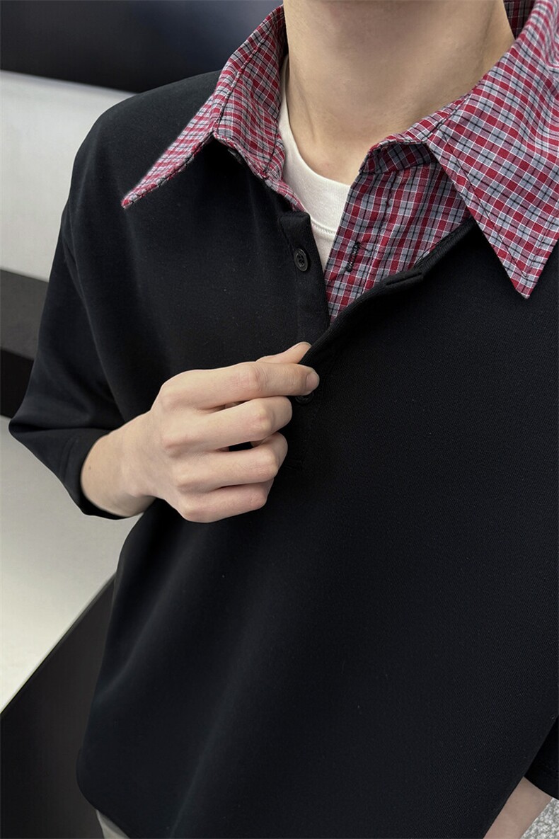 8XL-M格纹拼接假两件短袖t恤大码美式重磅polo翻领半袖DX1218/P48,男装T恤,电商B238