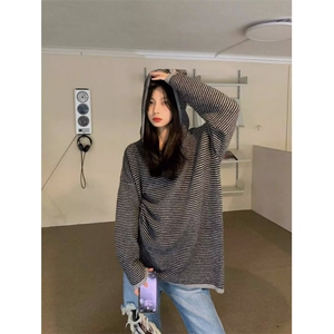 欧洲站时尚条纹针织衫女2025春装新款连帽设计长袖宽松中长款毛衣图片