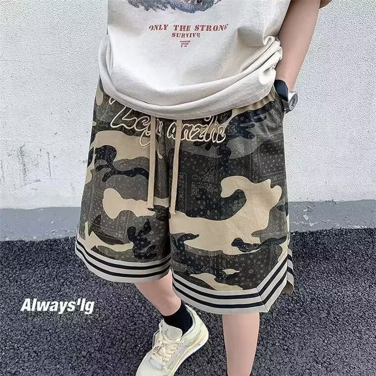 美式复古迷彩工装短裤男女夏季潮牌宽松五分休闲篮球运动裤子,男装牛仔裤,星座410-7