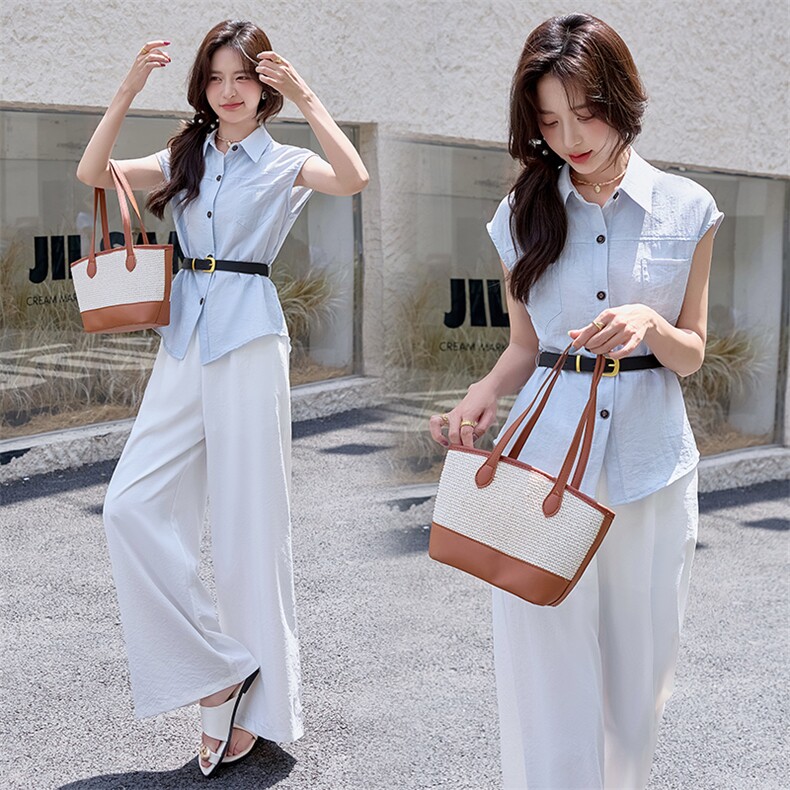2025夏新款显瘦单排扣气质无袖衬衫上衣阔腿裤两件套送腰带，女装套装/套裙，难舍钰依