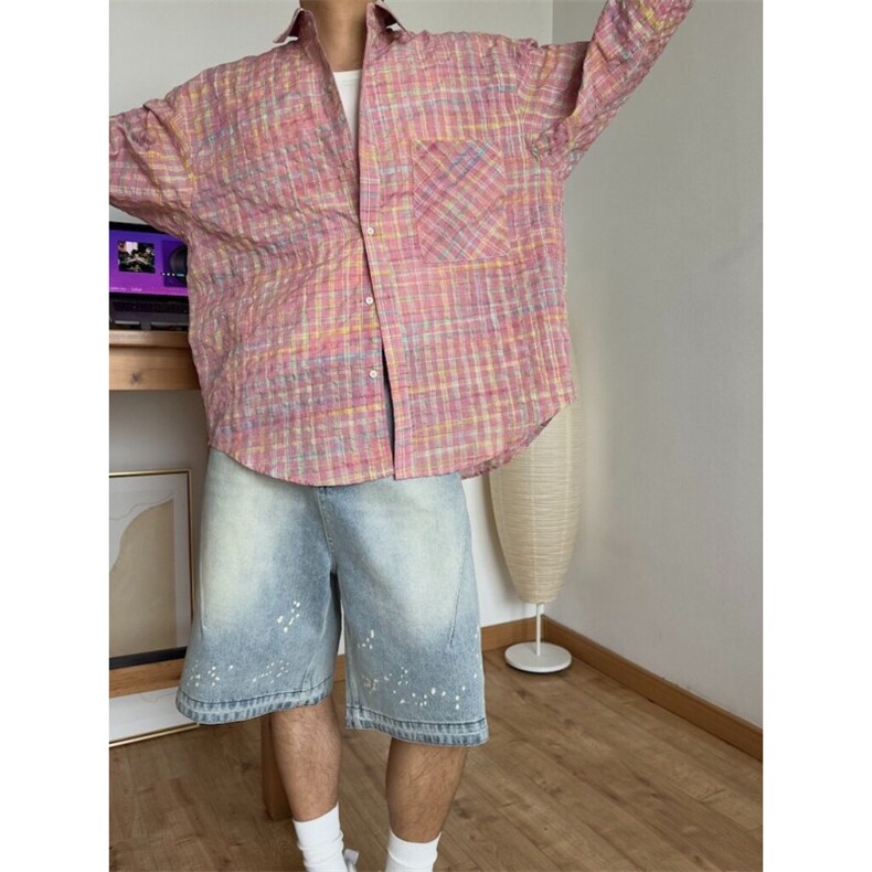 街头宽松廓形粉色格子衬衫男休闲衬衣情侣长袖外套潮GA155-P42,男装衬衫,星座208-5