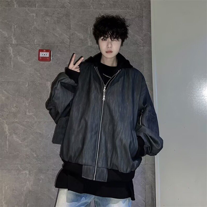 纹理拉链连帽假两件皮夹克男街头宽松飞行员外套pu皮衣PH207,男装皮衣,星座1116A-1（原606A）