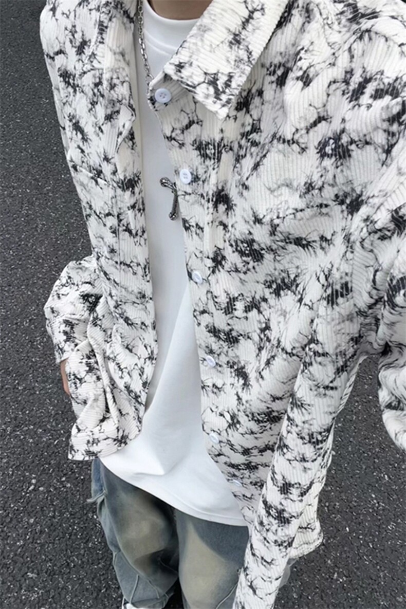 水墨扎染衬衫男款春秋季潮牌痞帅高级感青少年灯芯绒长袖衬衣外套,男装衬衫,电商A007