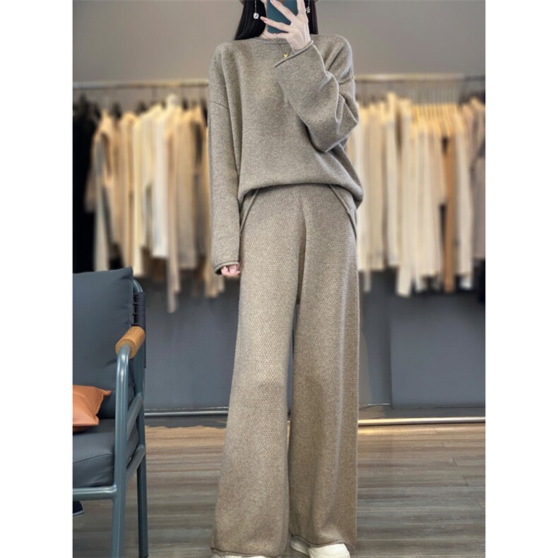 秋冬100%纯羊毛衫阔腿裤两件套女圆领长袖毛衣宽松羊绒衫长裤套装,女装套装/套裙,鹿一羊绒