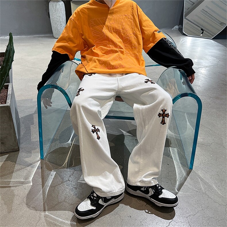 2022潮牌高街小众十字架hiphop阔腿裤复古牛仔裤男 K3075-P40图片