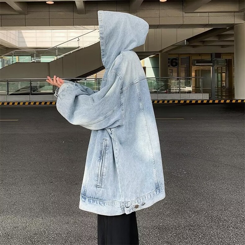 做旧水洗连帽牛仔卫衣男秋季美式复古街头风宽松外套夹克男,男装夹克,星座716-2
